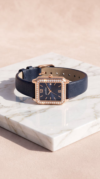Crystal Rectangle Dial Faux Leather Strap Watch