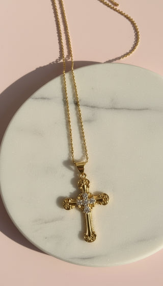 Inlaid Crystal Cross Stainless Steel Gold Plated Necklace
