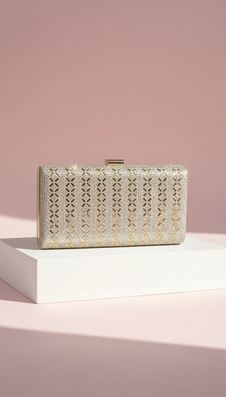 Gold Criss Cross Crystal Box Clutch Bag