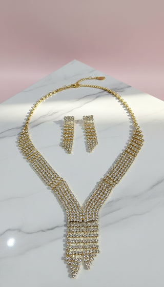 Crystal V Fringe Statement Necklace & Earrings Set