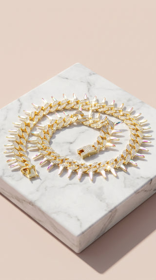 Gold Plated Crystal Spiked Curb Chain Necklace