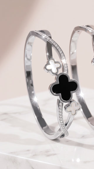 Clover Stainless Steel Gold Plated Crystal Bangle