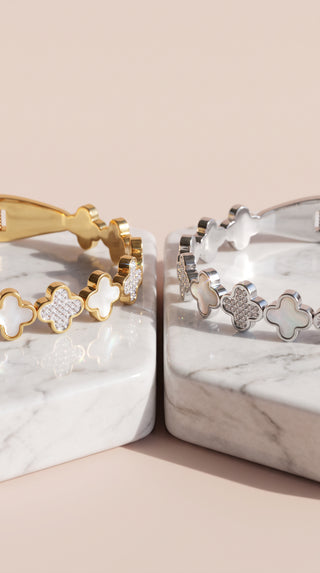 Clover Stainless Steel Gold Plated Crystal Bangle