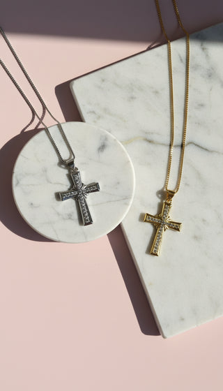 Pavé Crystal Gold Plated Cross Stainless Steel Necklace