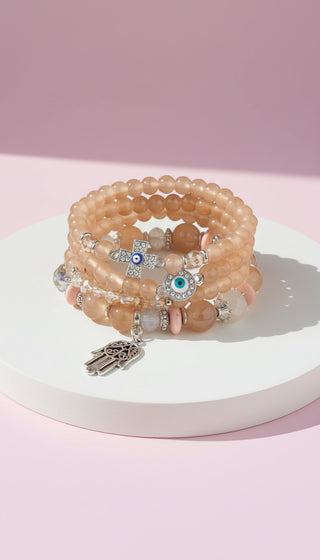 Evil Eye & Hamsa Silver Charm Ceramic Beaded Bracelet Set