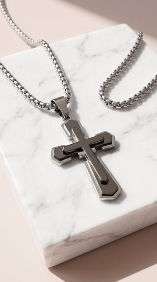 Stainless Steel Beveled Layered Cross Pendant Necklace