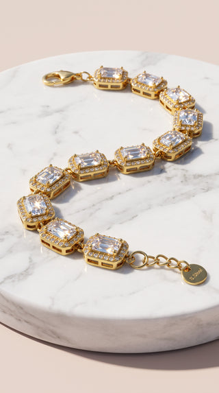 Gold Plated Emerald Cut Crystal Clear Tennis Bracelet