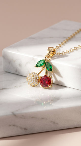 Cherry Crystal Gold Plated Steel Pendant Necklace