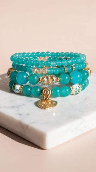 Gold Heart Charm Beaded Bracelet Stacking Set