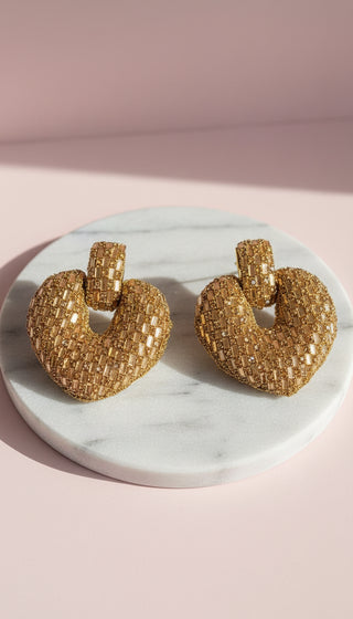 Gold Crystal Heart Statment Earrings