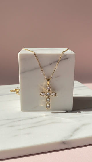 Oval Jeweled Crystal Cross Necklace Pendant