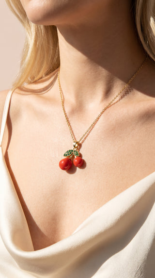 Red Cherry Crystal Gold Plated Steel Pendant Necklace