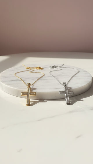 Stainless Steel Oblong Crystal Cross Necklace