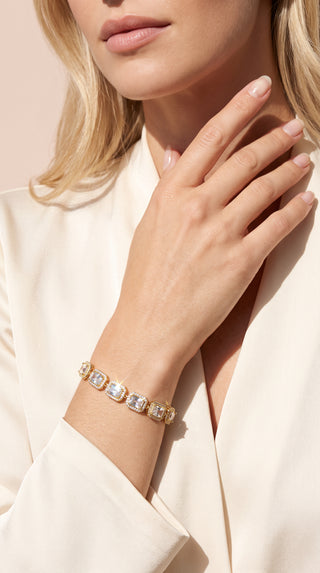 Gold Plated Emerald Cut Crystal Clear Tennis Bracelet