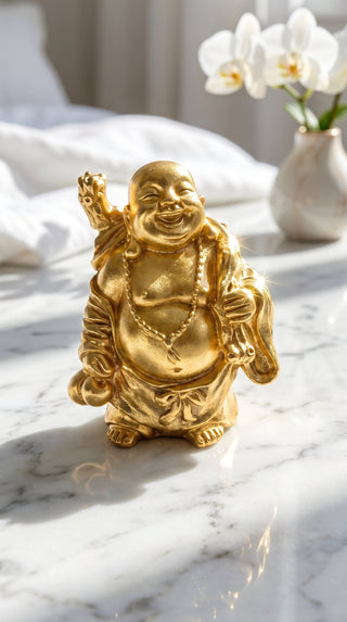 Gold Standing Buddha With Wealth Sack Figurine