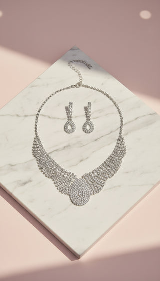 Oval Crystal Collar Statement Necklace & Earrings Set