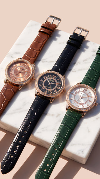 Crystal Bezel Croc Pattern Strap Watch