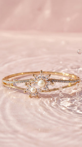 Flower & Pearls Crystal Inlaid Stainless Steel Gold Plated Hinged Bangle