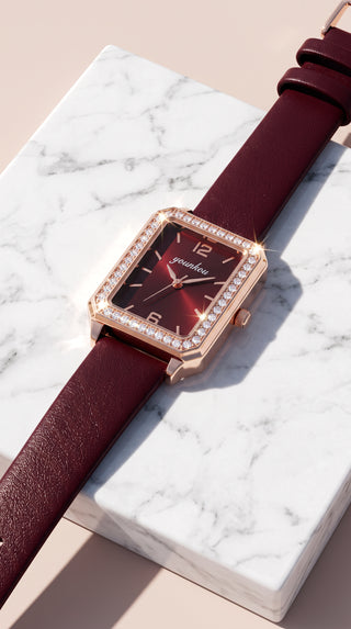 Crystal Rectangle Dial Faux Leather Strap Watch