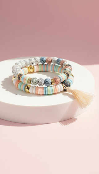 Tassel & Hamsa Charm Ceramic Beaded Bracelet Set