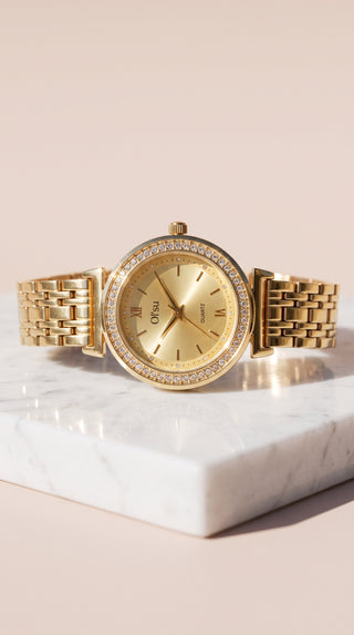 Crystal Bezel Quartz Watch – Classic Metal Link Strap