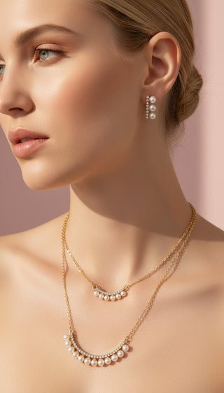 Curved Crystal Pearl Pendant Necklace & Earring Set
