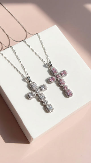 Oblong Crystal Cross Symbolic Pendant Necklace