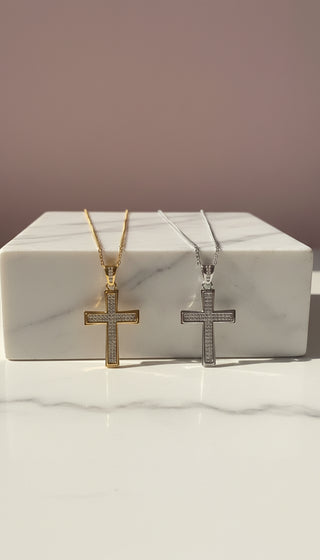 Stainless Steel Oblong Crystal Cross Necklace