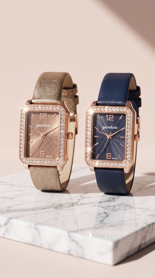 Crystal Rectangle Dial Faux Leather Strap Watch