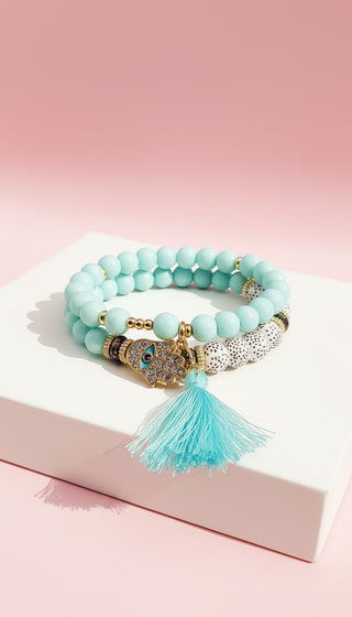 Tassel & Hamsa Charm Ceramic Beaded Bracelet Set