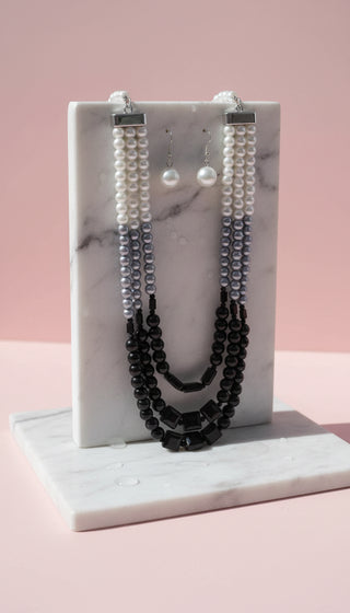 Square Crystal & Pearl Multi Layer Necklace & Earrings Set