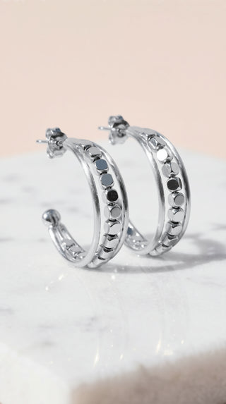 Metallic Beaded Cube Huggie Hoop Earrings