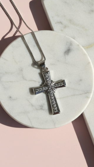 Pavé Crystal Gold Plated Cross Stainless Steel Necklace