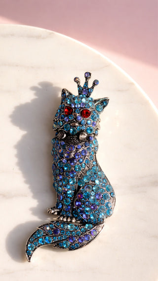 Blue Cat With Crown Crystal Brooch Pin Rhinestone Statement Jewellery