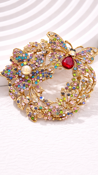 Rose Gold Crystal Floral Butterfly Wreath Brooch Pin