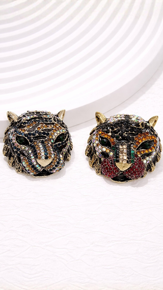 Tiger Head Crystal Brooch Pin Rhinestone Statement Jewellery