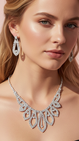 Crystal Teardrop Cascade Statement Necklace & Earrings Set