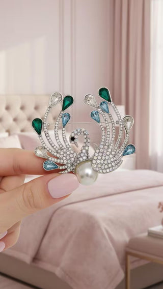 Peacock & Pearl Crystal Brooch Pin Rhinestone Statement Jewellery