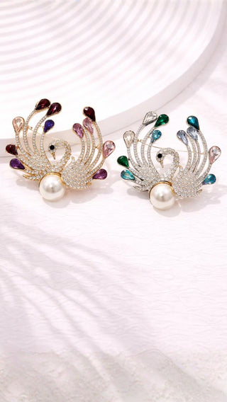 Peacock & Pearl Crystal Brooch Pin Rhinestone Statement Jewellery