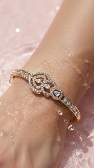 Layered Heart Crystal Inlaid Stainless Steel Gold Plated Hinged Bangle