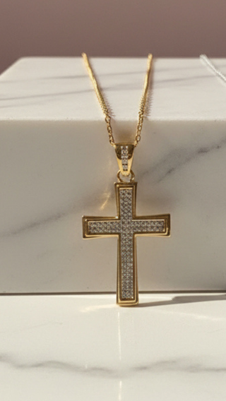 Stainless Steel Oblong Crystal Cross Necklace