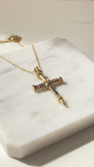 Stainless Steel Rainbow Crystal Cross Necklace