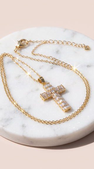 Stainless Steel Gold Pavé Crystal Cross Pendant Necklace