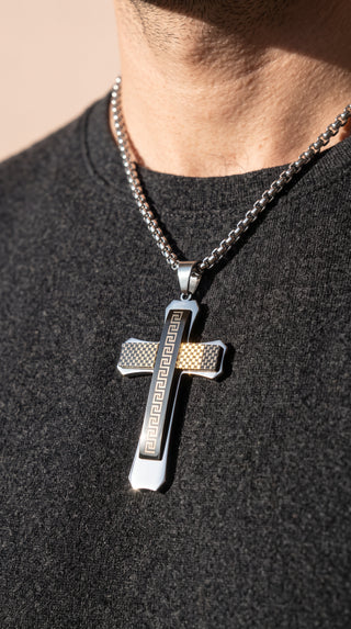 Stainless Steel Greek Key Pattern Layered Cross Necklace