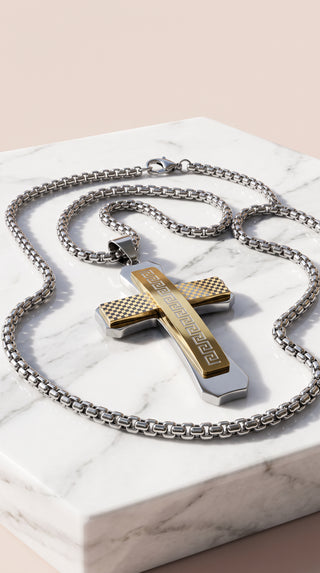 Stainless Steel Greek Key Pattern Layered Cross Necklace