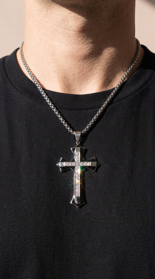 Stainless Steel Black Enamel Crystal Layered Cross Pendant Necklace