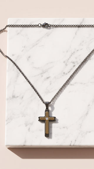 Stainless Steel Two-Tone Solitaire Cross Pendant Necklace