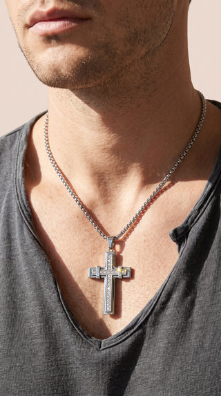 Stainless Steel Tiered Crystal Cross Pendant Necklace