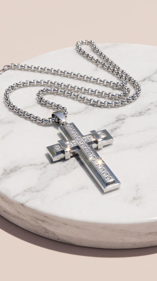 Stainless Steel Tiered Crystal Cross Pendant Necklace