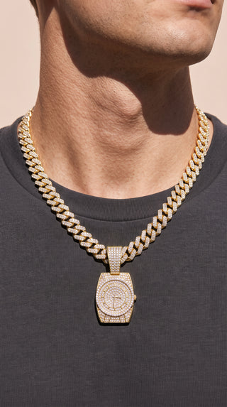 Iced Out Luxury Watch Face Pendant Cuban Necklace